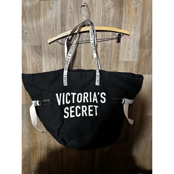 Victoria's Secret Large Tote Canvas Weekender Bag Black & White Logo - Picture 1 of 6